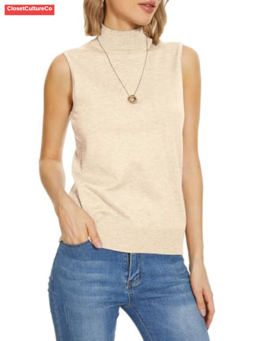 Sleeveless Mock Neck Sweater Vest Rayon Blend Layering Top
